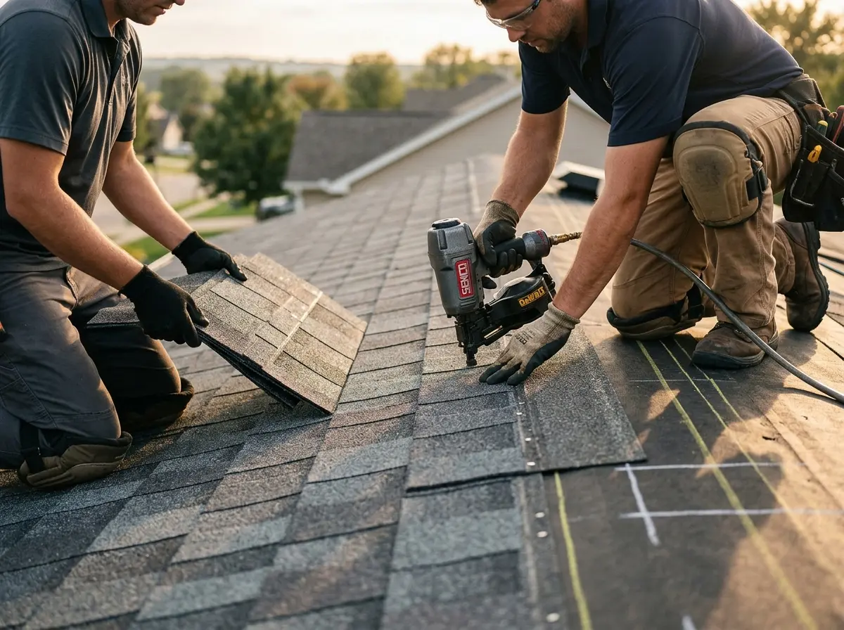 Professional roofer working on a residential roof in Opp